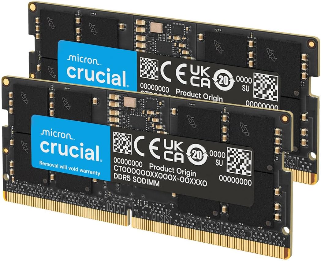 Crucial 32GB DDR5 RAM Kit (2x16GB), 5600MHz (or 5200MHz or 4800MHz) Laptop Memory 262-Pin SODIMM, Compatible with Intel Core and AMD Ryzen 7000, Black