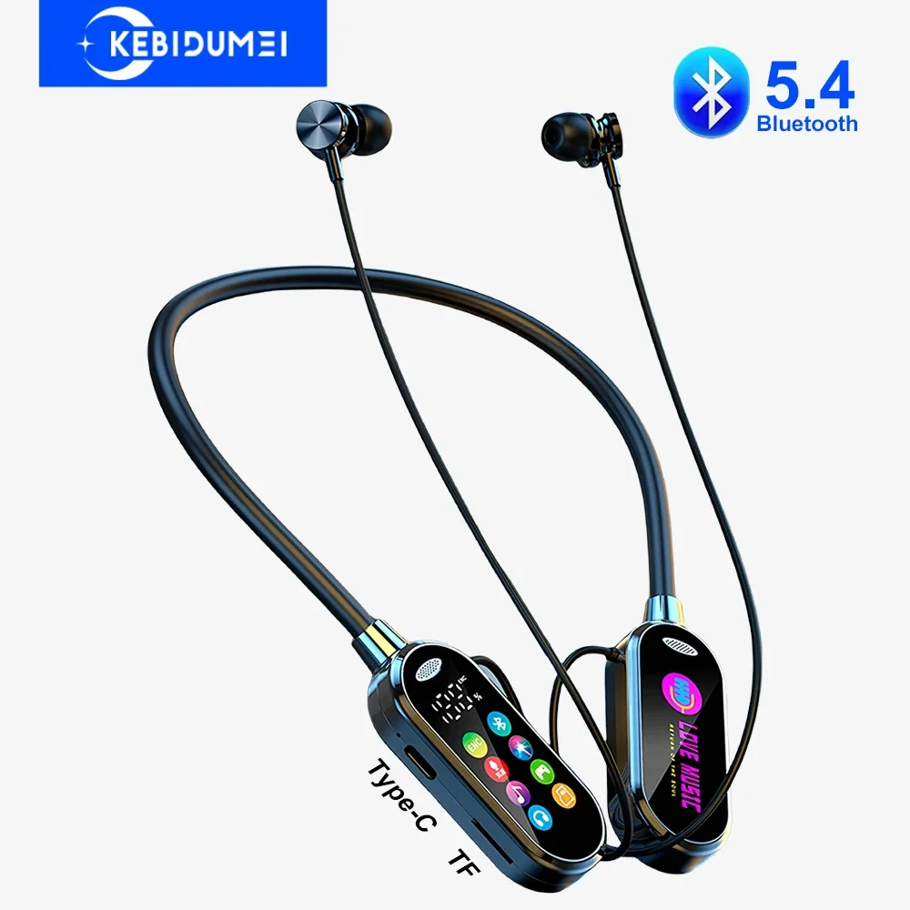 Bluetooth 5.4 Neckband Headphones with Color Screen – Noise Reduction Monitor Earbuds