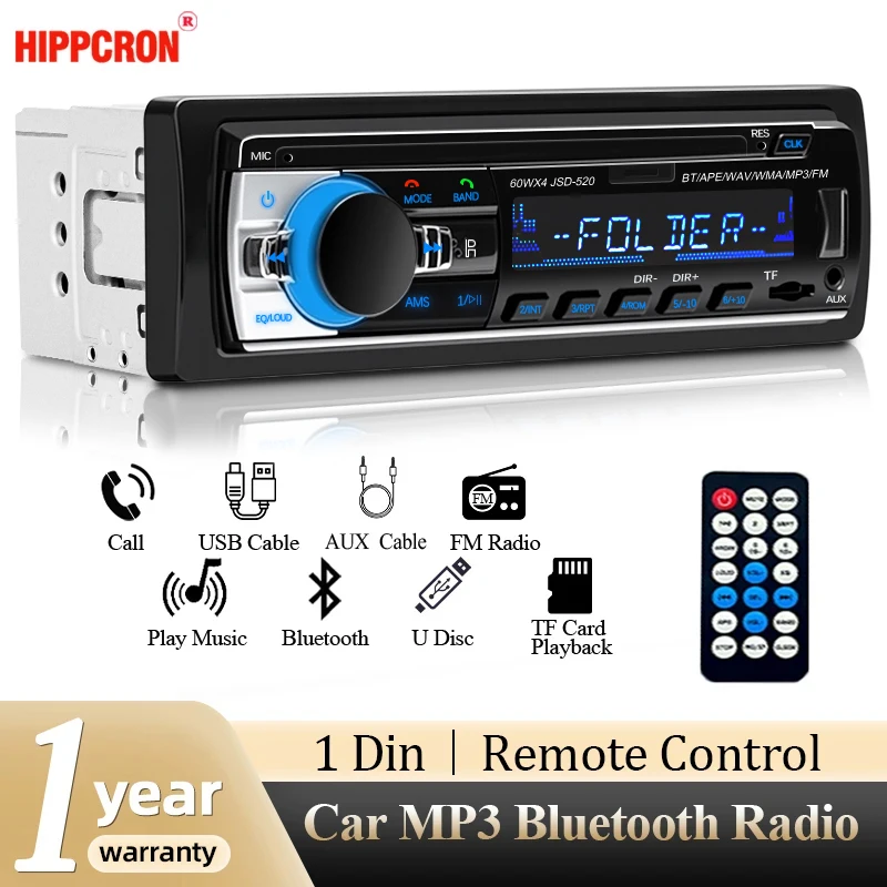 Hippcron 1DIN Bluetooth Car Radio MP3 Player