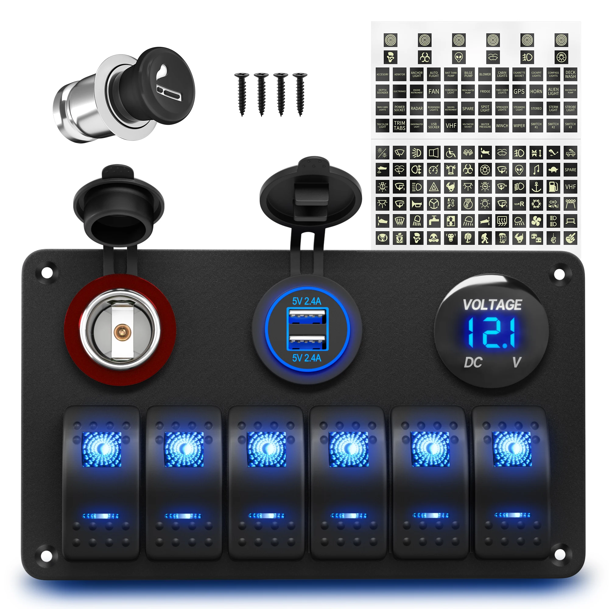 6 Gang Waterproof Marine Switch Panel with USB and Voltmeter