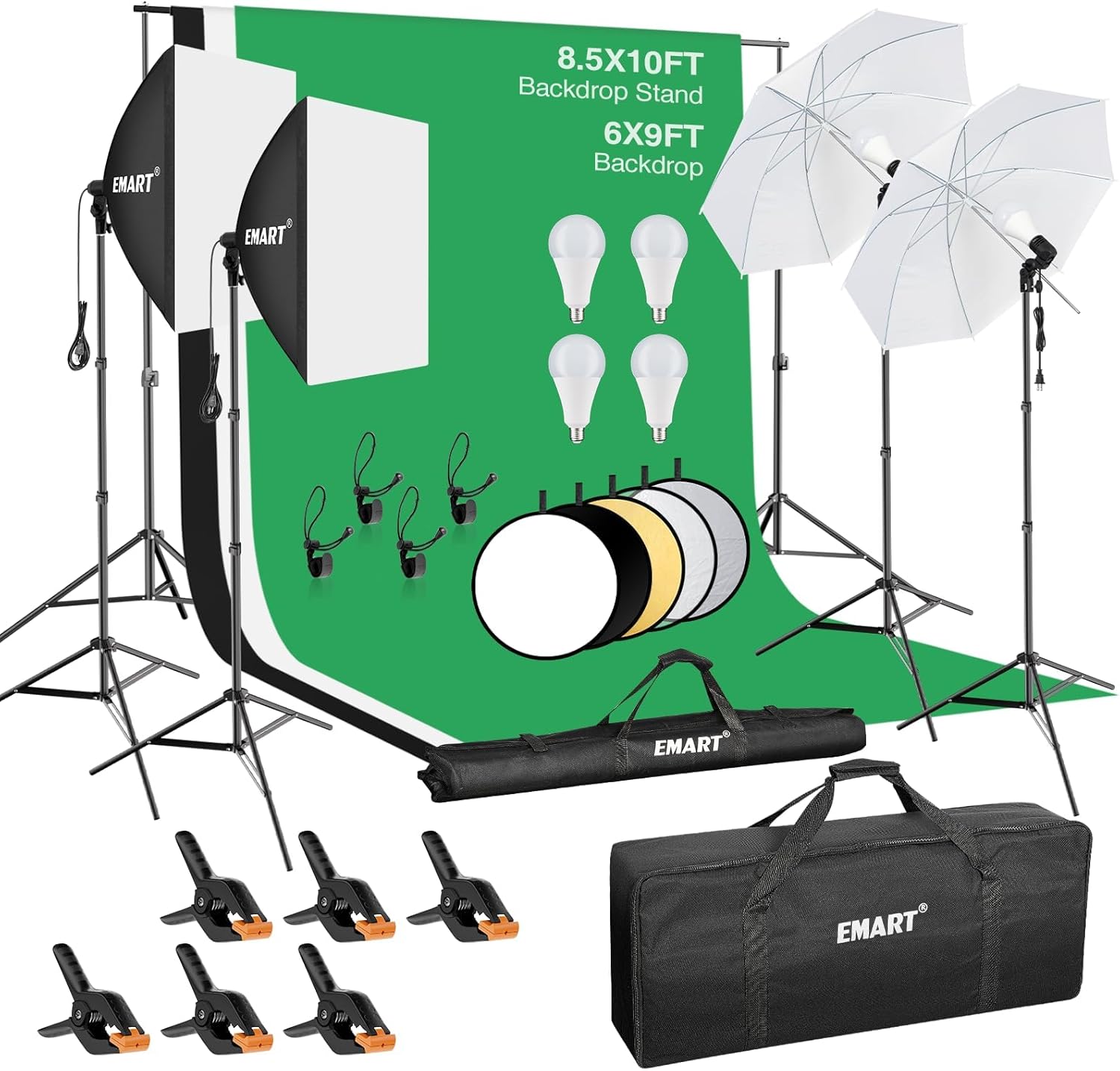 EMART 8.5 x 10 ft Backdrop Support System, Professional Photography Lighting Kit with 5500K 50W LED, 6 * 9ft Backdrop *3, Reflector,Umbrellas&Softbox Lighting Kit for Studio, Portrait, Video Shooting