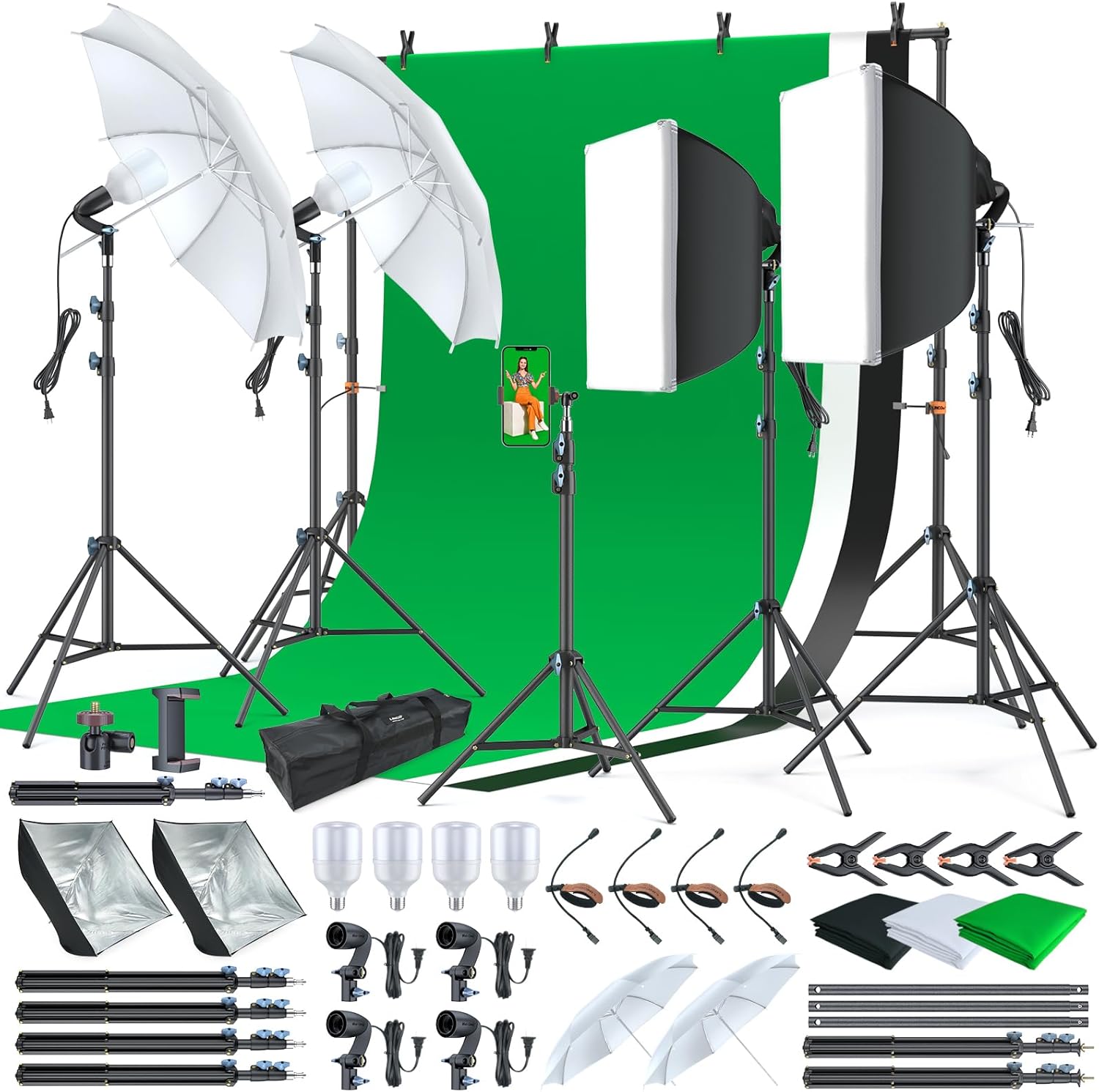 LINCO Lincostore Photo Video Studio Light Kit AM169 - Including 3 Color Backdrops (Black/White/Green) Background Screen
