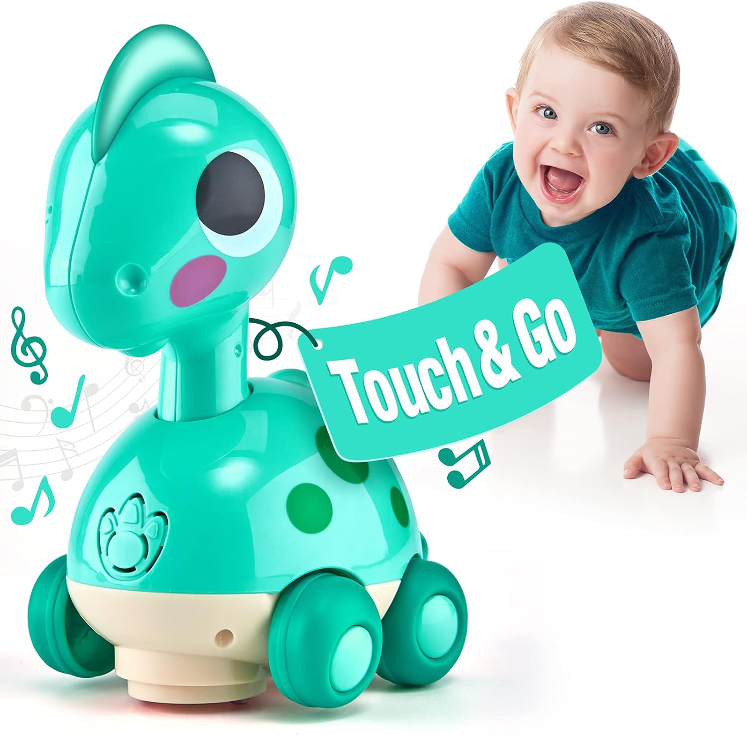 CubicFun Baby Toys 12-18 Months - Touch & Go Musical Baby Dino Light Tummy Time Infant Baby Crawling Toys 12 Months, Toddler Travel Toy for 1 Year Old Boy Birthday Easter Basket Stuffers