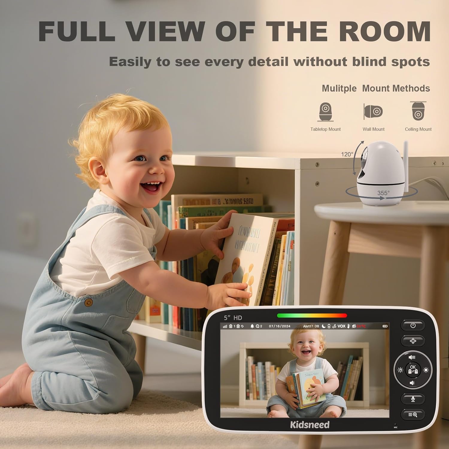 Kidsneed Baby Monitor with Camera and Audio - 5 inch 720P Video Baby Monitor, No WiFi, 48H Battery Life, Night Vision, Two Way Talk, Remote Pan Tilt Zoom, Thermal Monitor，1000 ft Range（530)